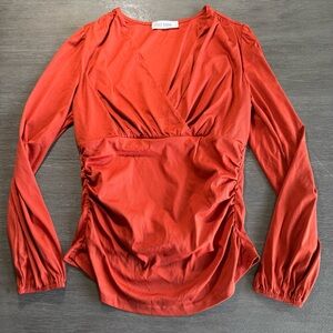 Grace Karin Burnt Orange Ruched Long Sleeve V Neck Shirt Blouse S